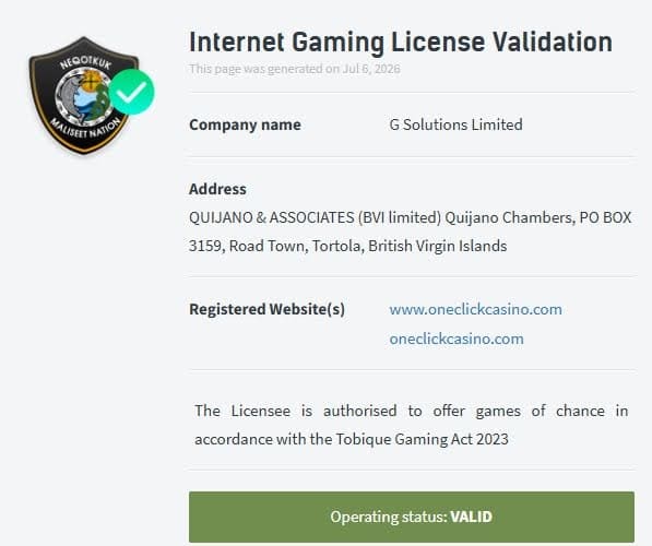 Oneclick Casino licence